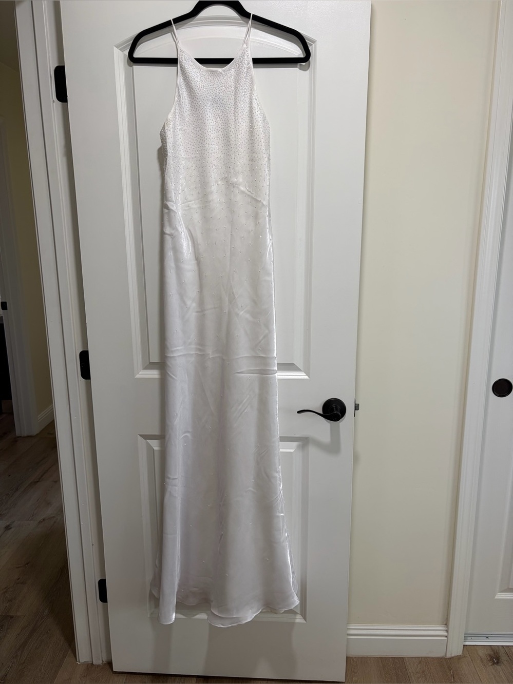 Vintage 90s Chelsea Nites Satin Spaghetti Strap Gown Sequin Sides White.